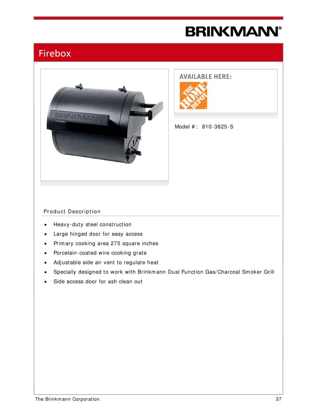 Brinkmann 810-1100-S manual Firebox 