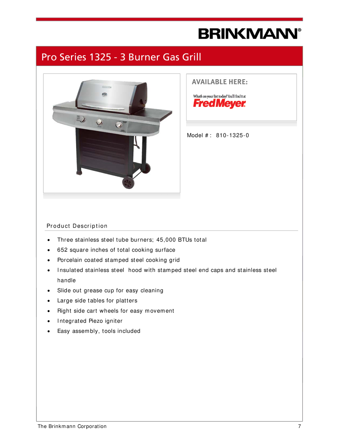 Brinkmann 810-1100-S manual Pro Series 1325 3 Burner Gas Grill 