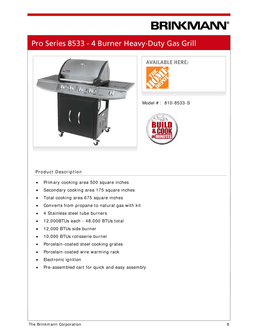 Brinkmann 810-1100-S manual Pro Series 8533 4 Burner Heavy-Duty Gas Grill 