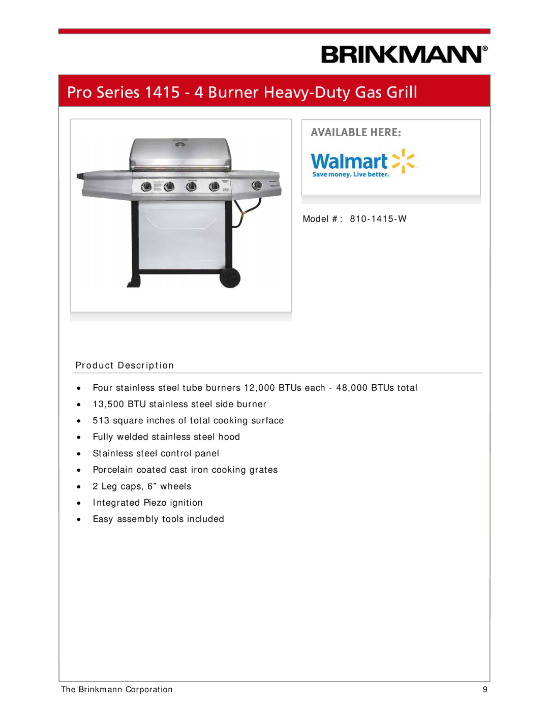 Brinkmann 810-1100-S manual Pro Series 1415 4 Burner Heavy-Duty Gas Grill 