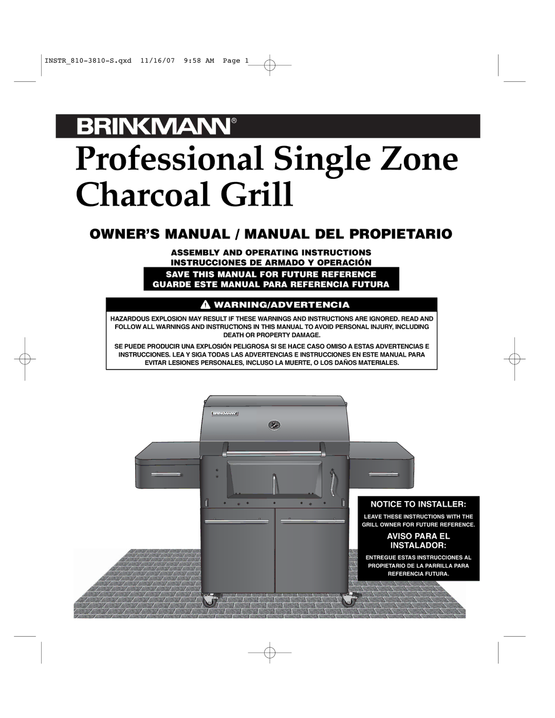 Brinkmann 810-3810-S owner manual Professional Single Zone Charcoal Grill 