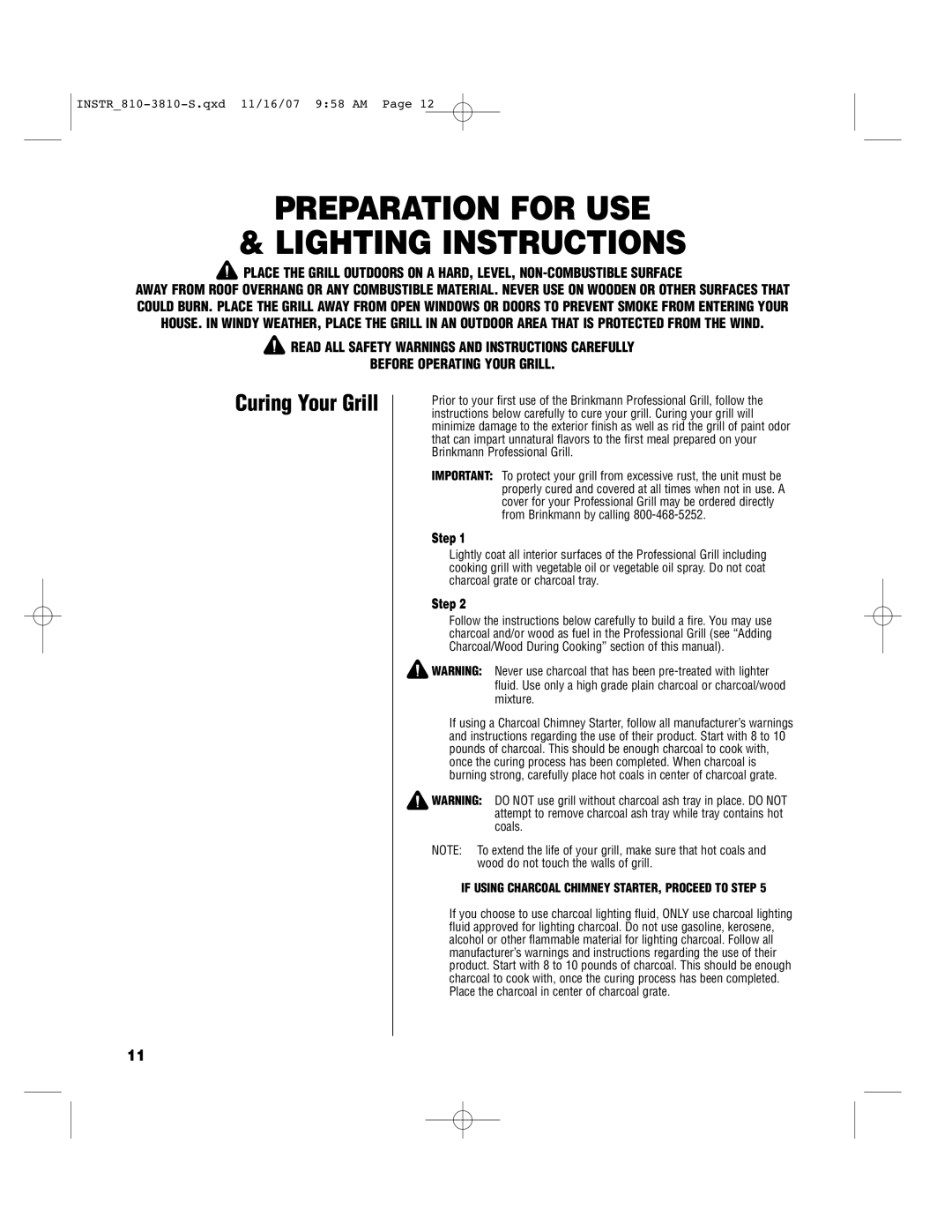 Brinkmann 810-3810-S owner manual Preparation for USE Lighting Instructions, Curing Your Grill 