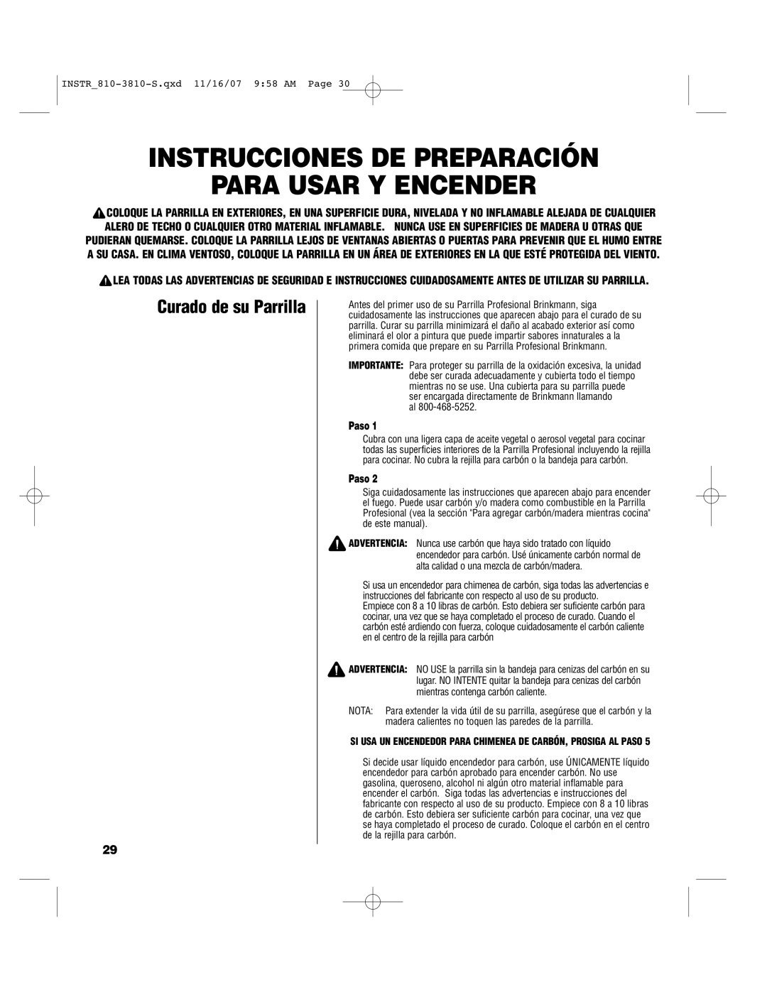 Brinkmann 810-3810-S owner manual Instrucciones DE Preparación Para Usar Y Encender, Curado de su Parrilla 