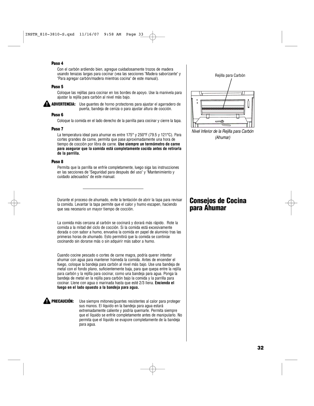 Brinkmann 810-3810-S owner manual Consejos de Cocina para Ahumar 