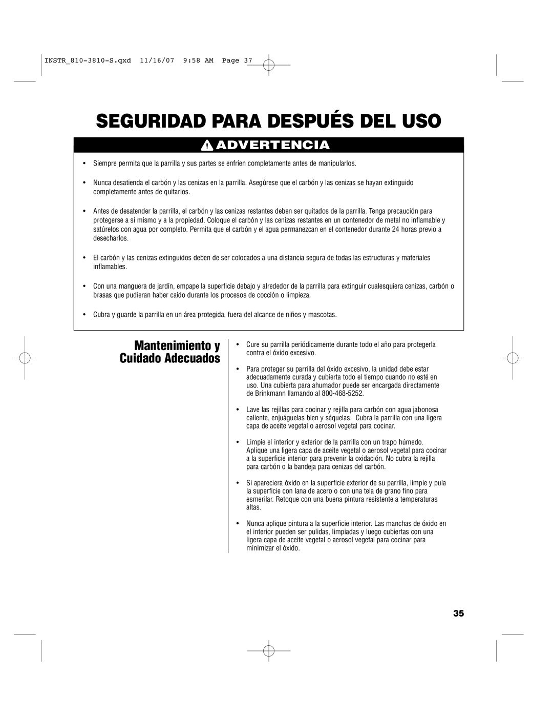 Brinkmann 810-3810-S owner manual Seguridad Para Después DEL USO, Mantenimiento y Cuidado Adecuados 