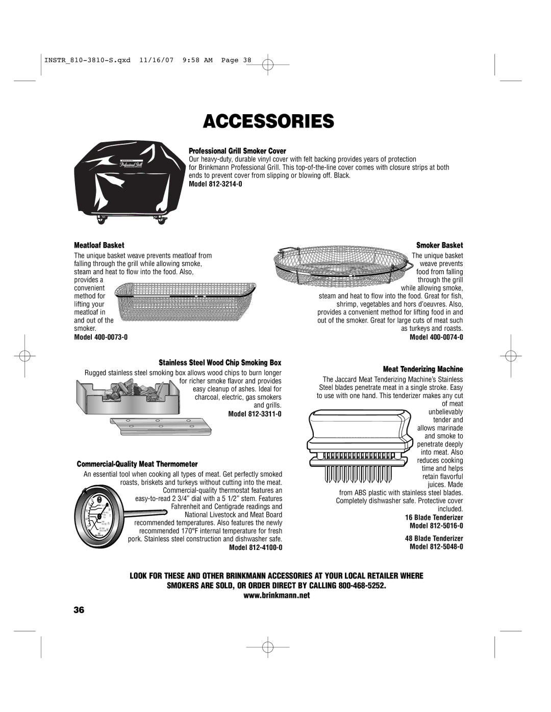 Brinkmann 810-3810-S owner manual Accessories, Professional Grill Smoker Cover 