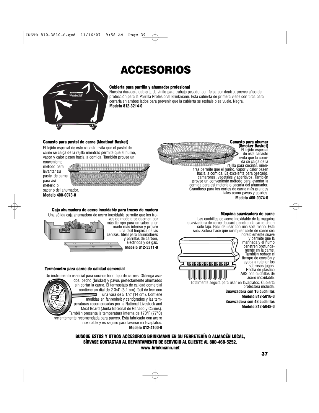 Brinkmann 810-3810-S owner manual Accesorios, Cubierta para parrilla y ahumador profesional 