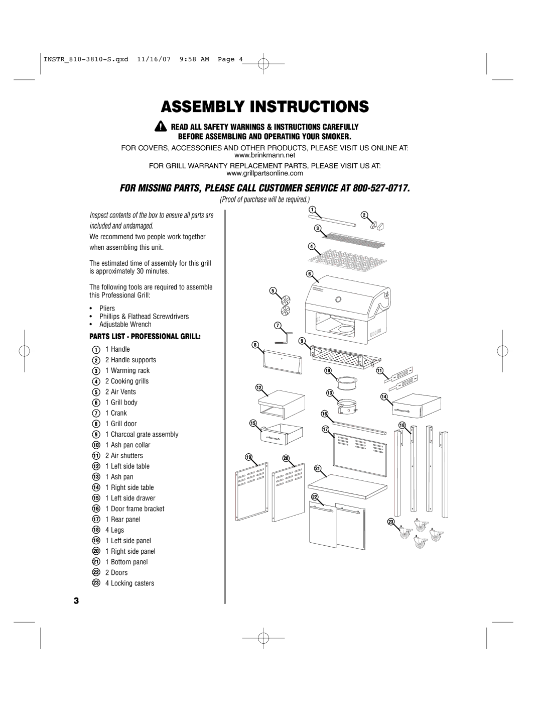 Brinkmann 810-3810-S owner manual Assembly Instructions 