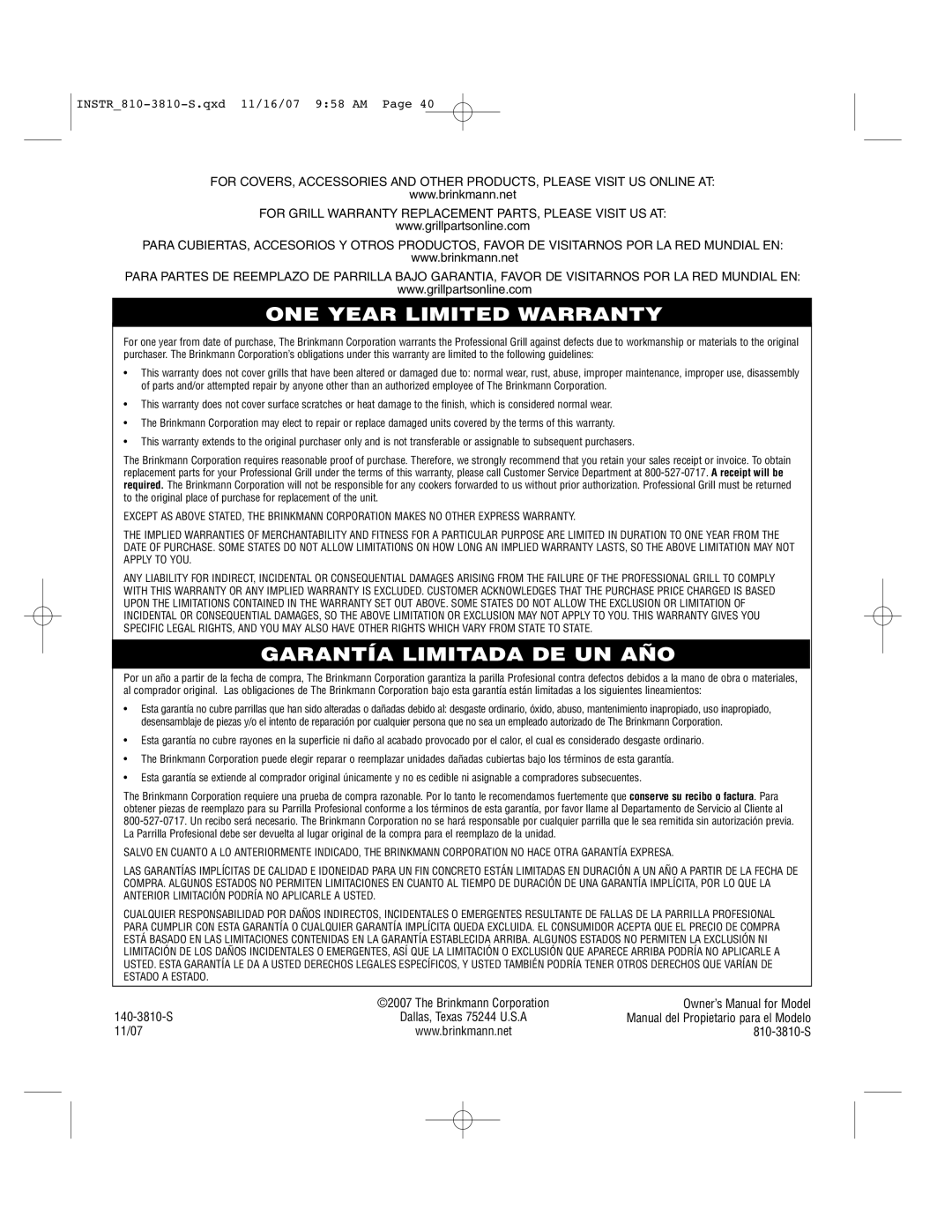 Brinkmann 810-3810-S owner manual ONE Year Limited Warranty 