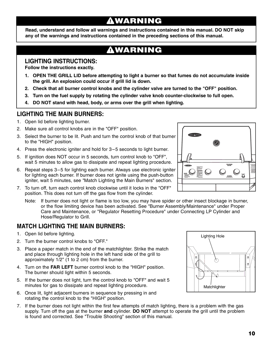 Brinkmann 810-4415-T owner manual Lighting Instructions, Match Lighting the Main Burners 