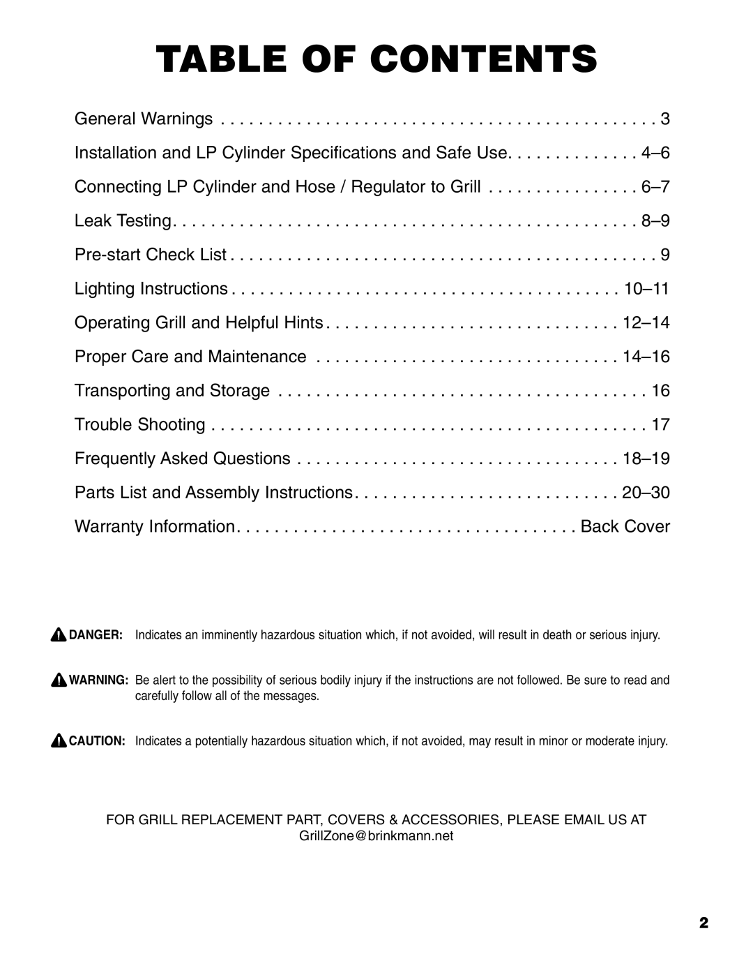 Brinkmann 810-4415-T owner manual Table of Contents 