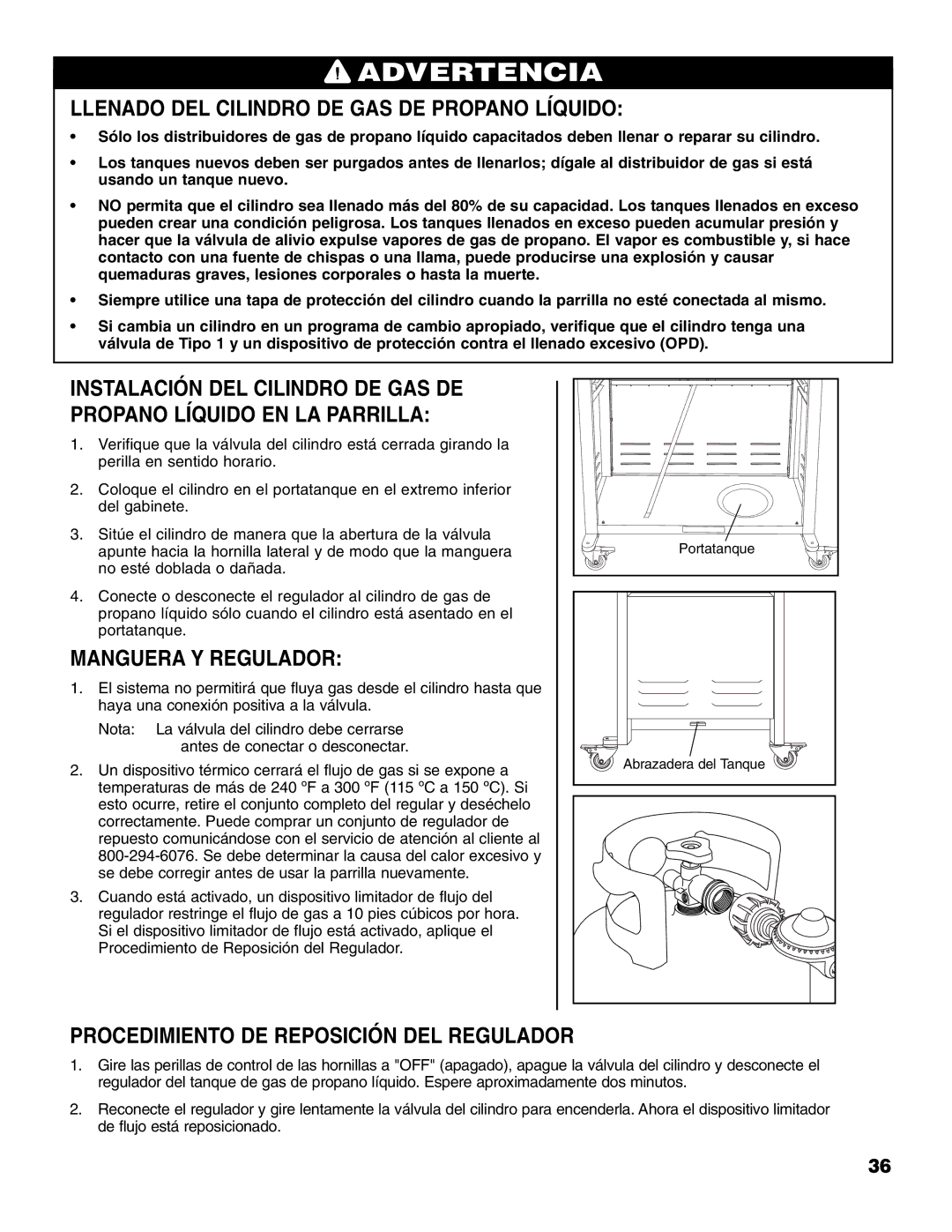 Brinkmann 810-4415-T owner manual Llenado DEL Cilindro DE GAS DE Propano Líquido, Manguera Y Regulador 