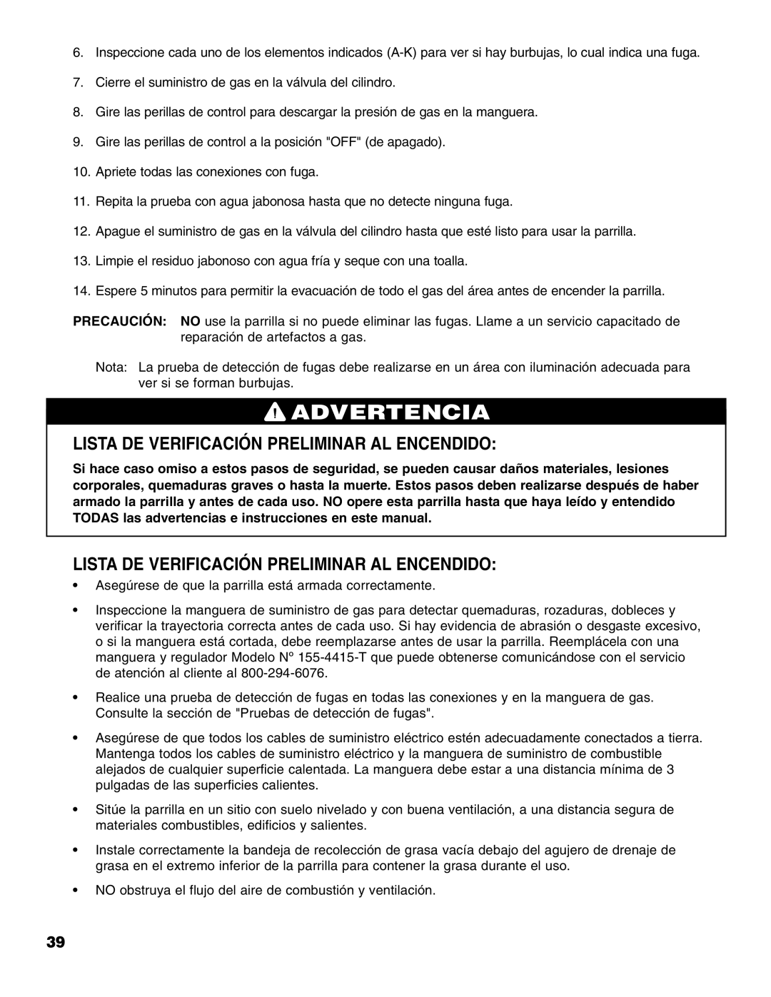 Brinkmann 810-4415-T owner manual Lista DE Verificación Preliminar AL Encendido 