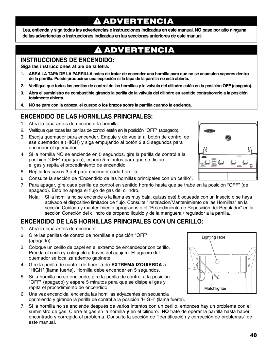 Brinkmann 810-4415-T owner manual Instrucciones DE Encendido, Encendido DE LAS Hornillas Principales 