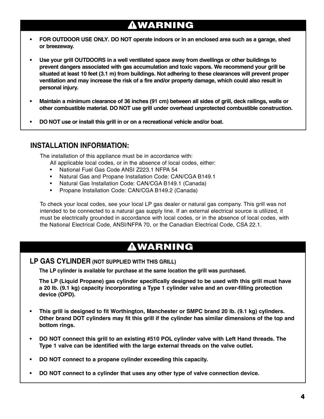 Brinkmann 810-4415-T owner manual Installation Information, LP GAS Cylinder not Supplied with this Grill 