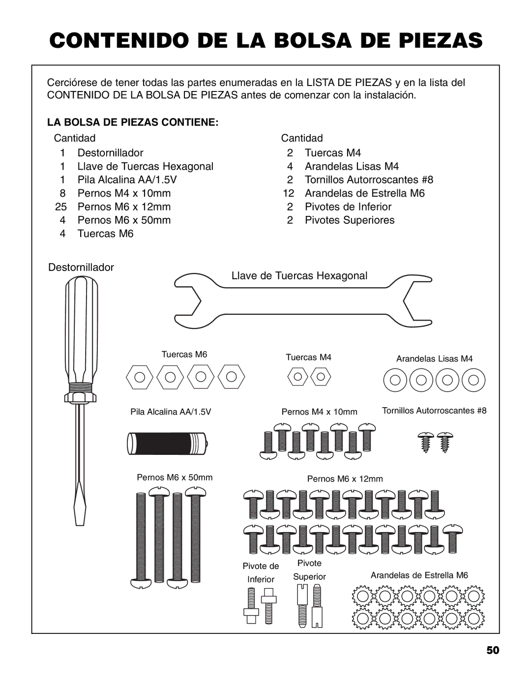 Brinkmann 810-4415-T owner manual Contenido DE LA Bolsa DE Piezas, LA Bolsa DE Piezas Contiene 