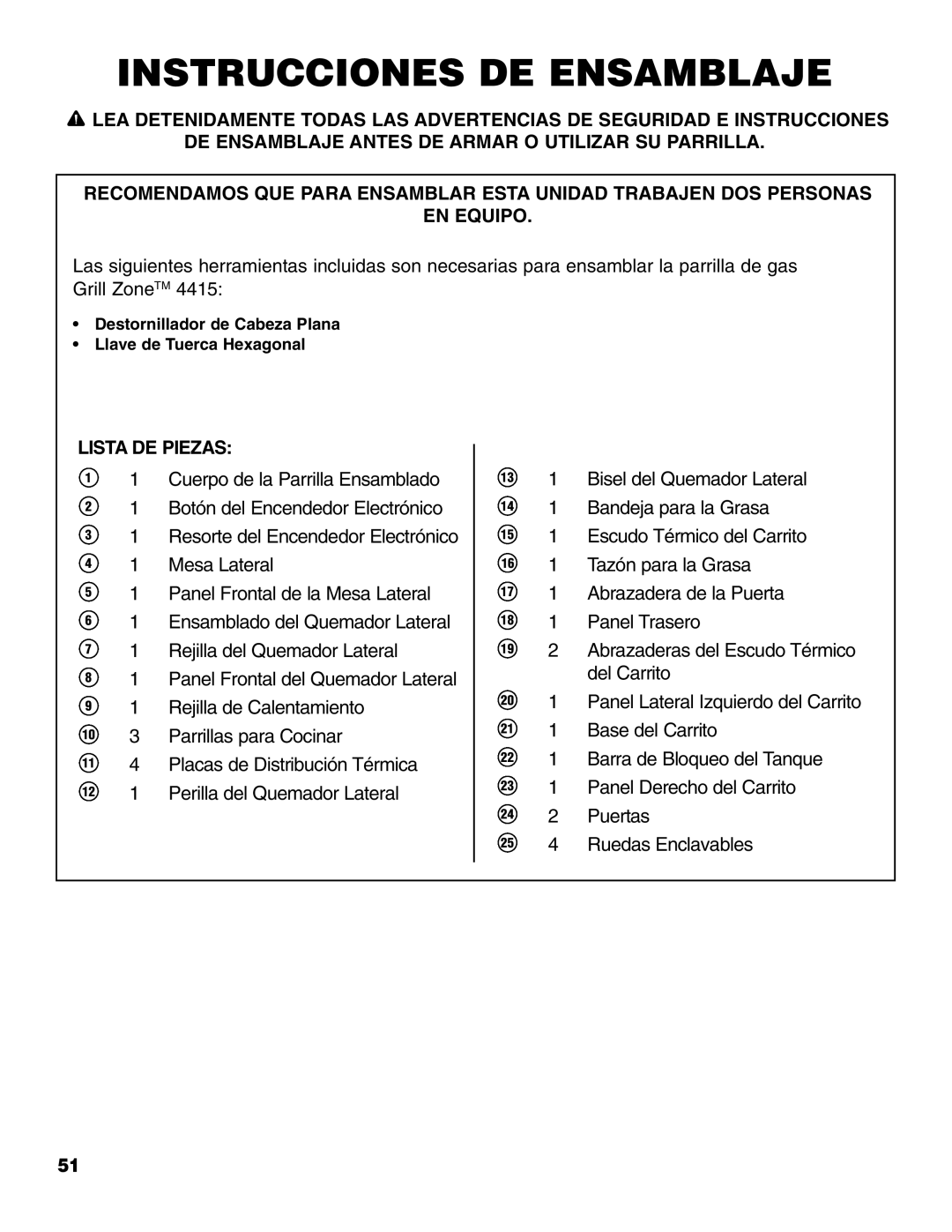 Brinkmann 810-4415-T owner manual Instrucciones DE Ensamblaje, Lista DE Piezas 