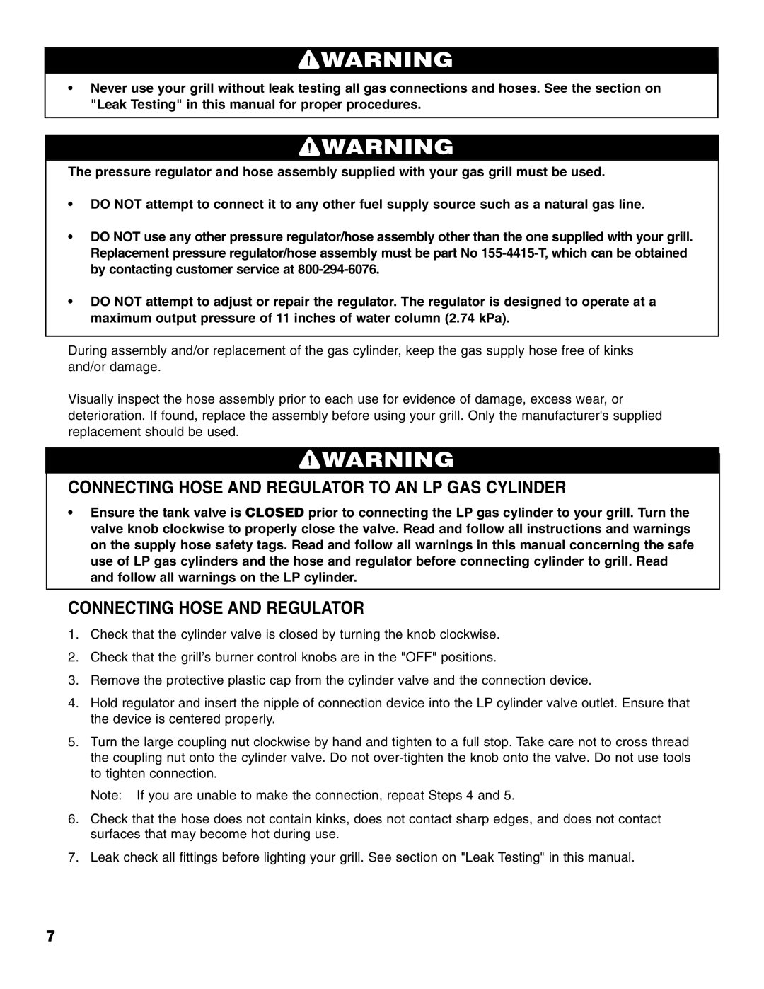 Brinkmann 810-4415-T owner manual Connecting Hose and Regulator to AN LP GAS Cylinder 