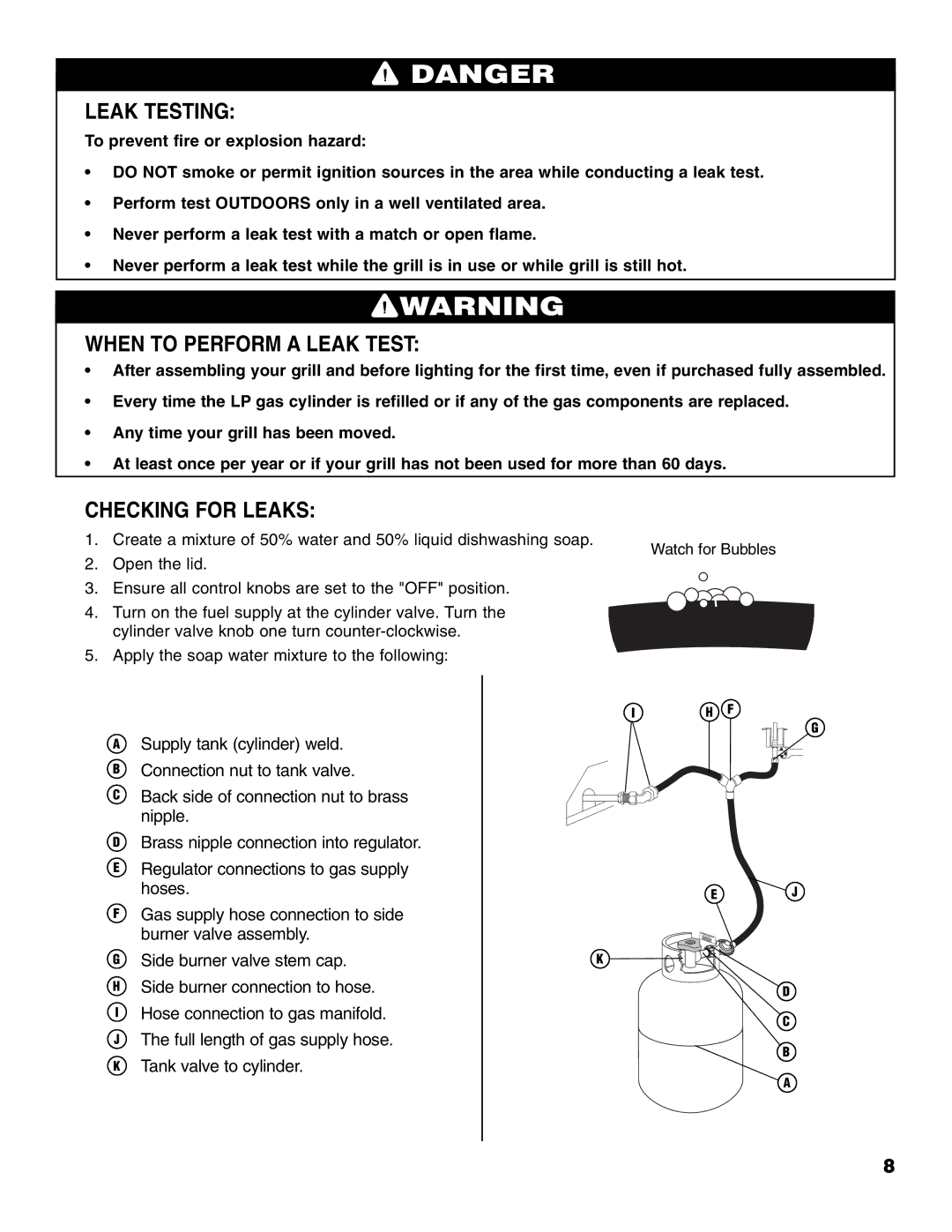 Brinkmann 810-4415-T owner manual Leak Testing, When to Perform a Leak Test, Checking for Leaks 