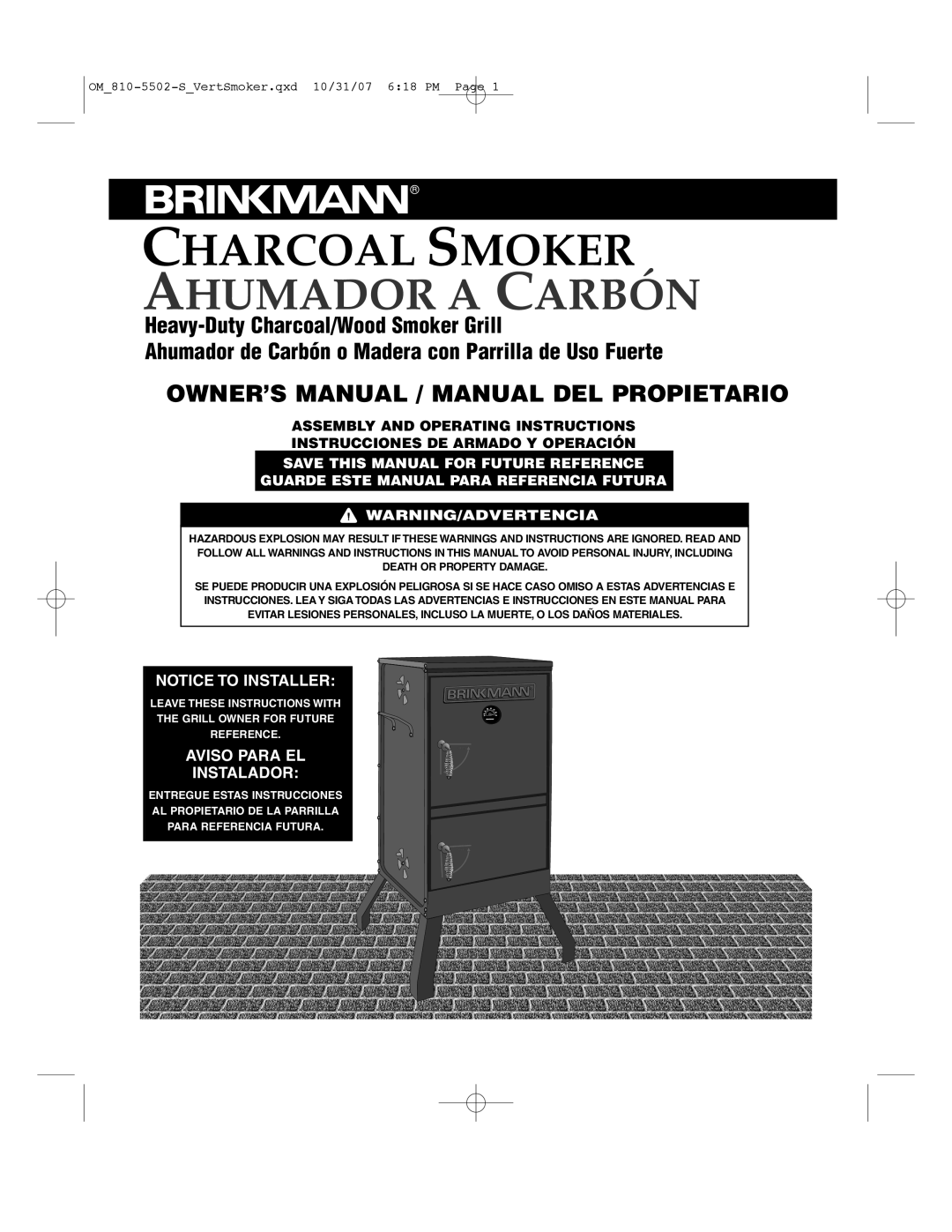 Brinkmann 810-5502-S owner manual Charcoal Smoker 