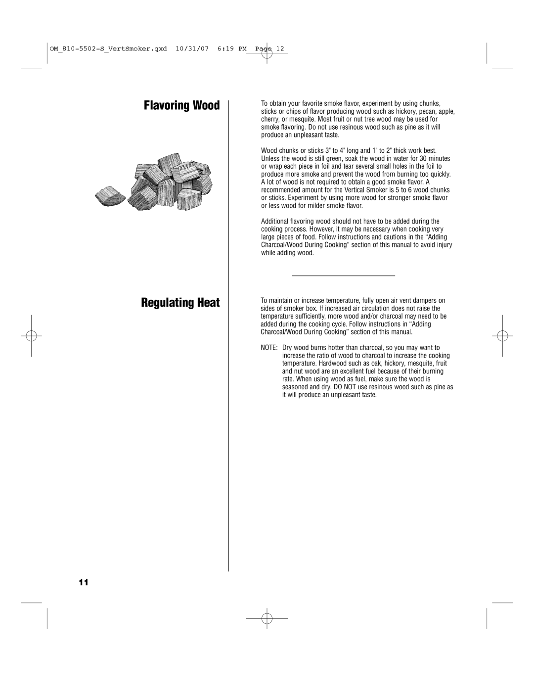 Brinkmann 810-5502-S owner manual Flavoring Wood Regulating Heat 