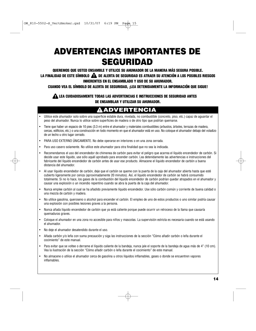 Brinkmann 810-5502-S owner manual Advertencias Importantes DE Seguridad 