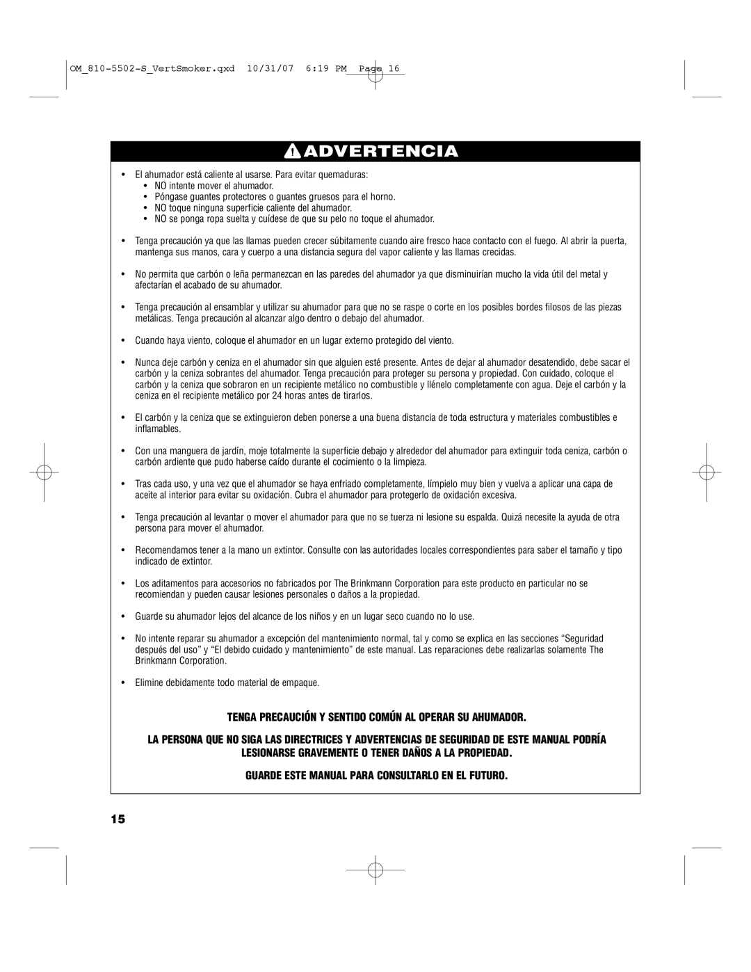 Brinkmann 810-5502-S owner manual Advertencia 