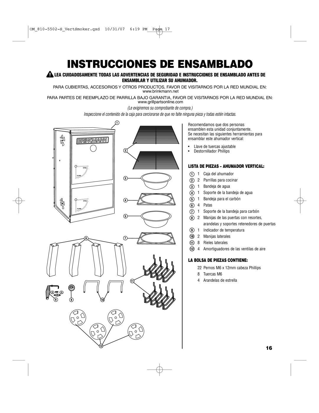 Brinkmann 810-5502-S owner manual Instrucciones DE Ensamblado, Lista DE Piezas Ahumador Vertical 