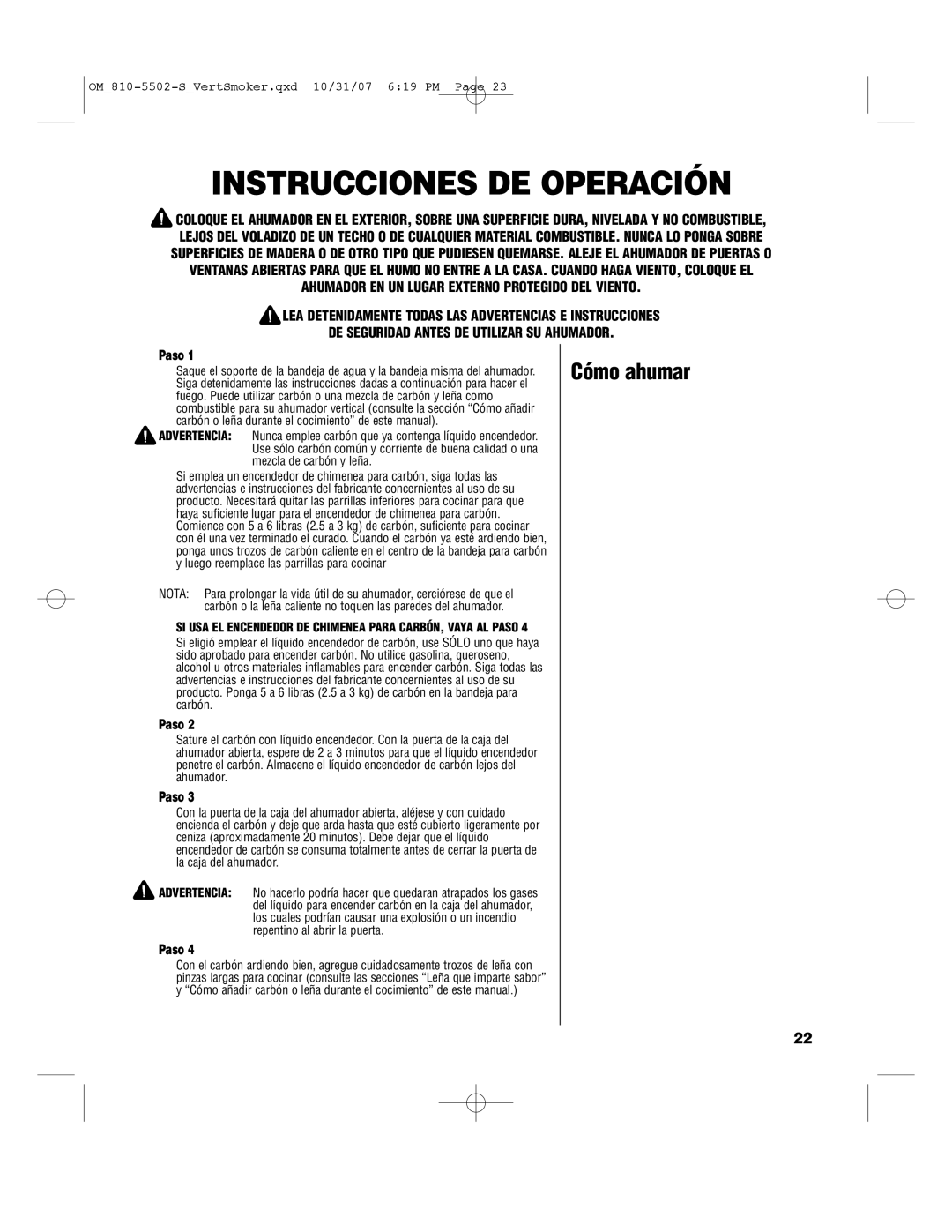 Brinkmann 810-5502-S owner manual Instrucciones DE Operación, Cómo ahumar 