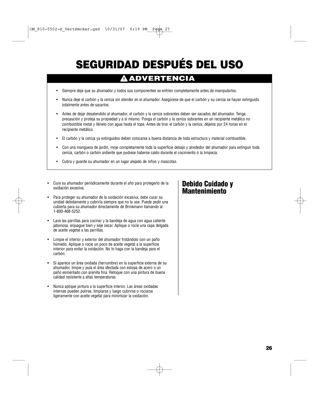 Brinkmann 810-5502-S owner manual Seguridad Después DEL USO, Debido Cuidado y Mantenimiento 