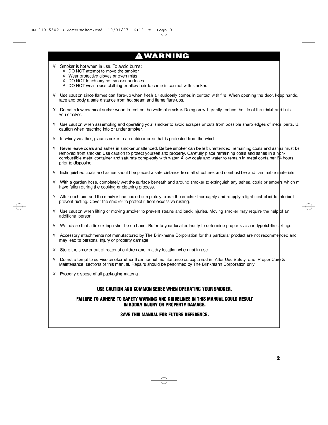 Brinkmann 810-5502-S owner manual Properly dispose of all packaging material 