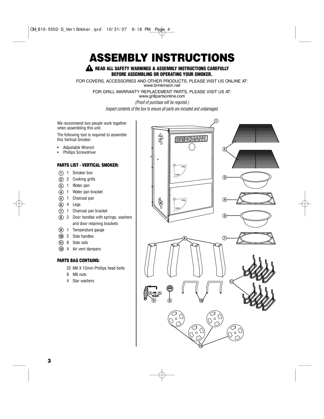 Brinkmann 810-5502-S owner manual Assembly Instructions, Parts List Vertical Smoker 