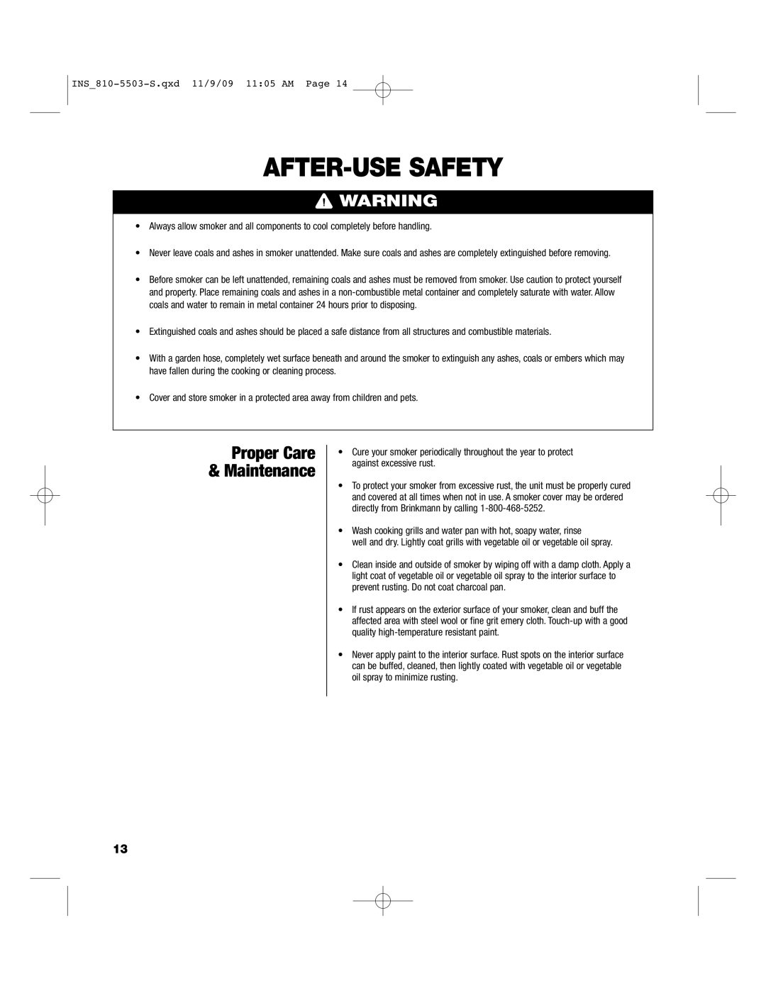 Brinkmann 810-5503-S owner manual AFTER-USE Safety, Proper Care & Maintenance 