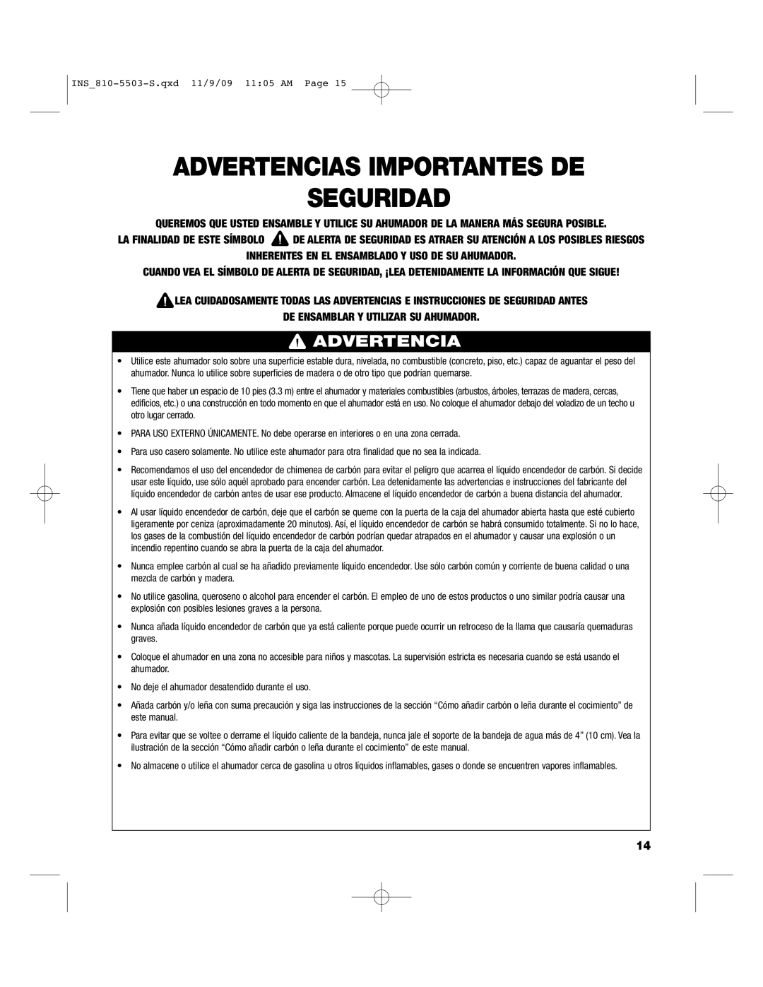 Brinkmann 810-5503-S owner manual Advertencias Importantes DE Seguridad 