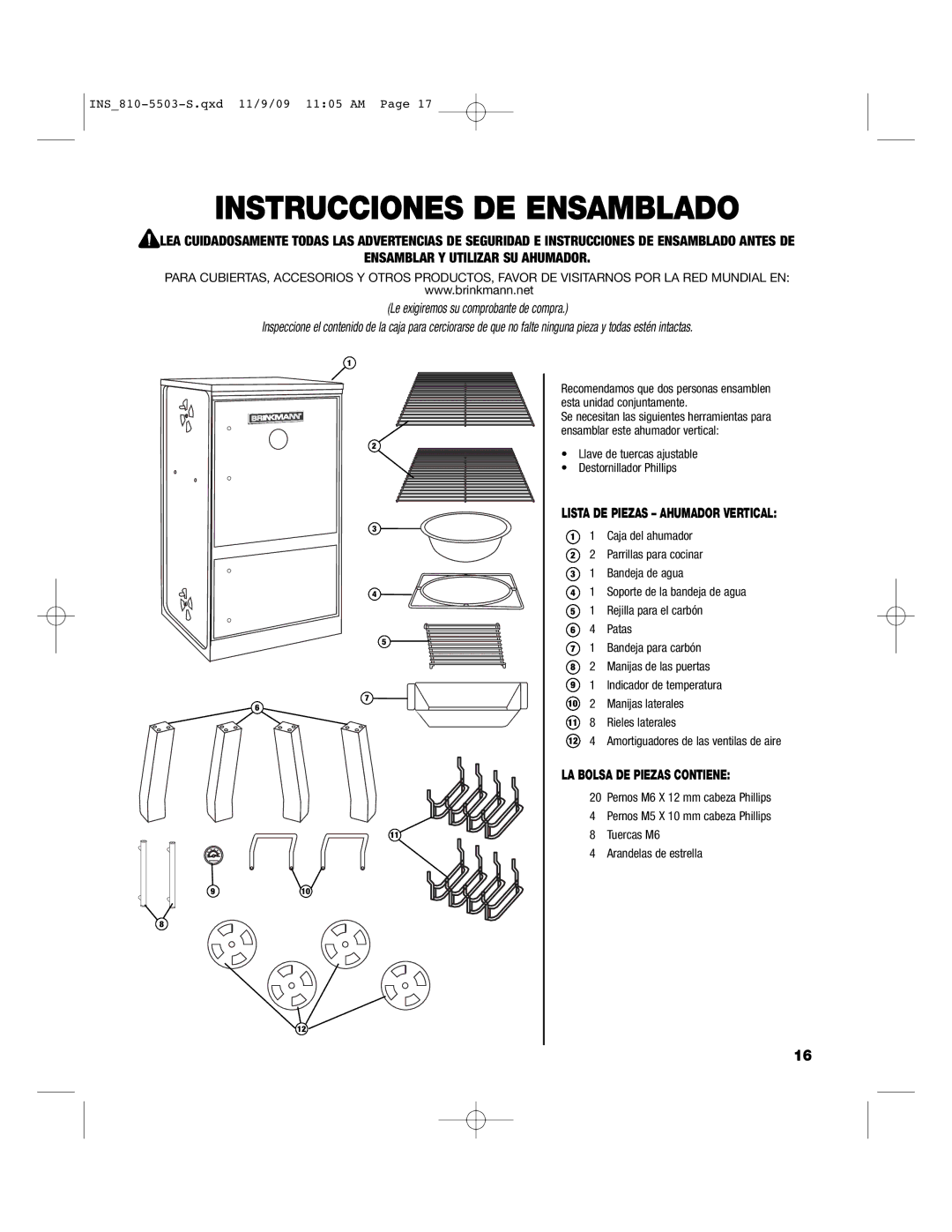 Brinkmann 810-5503-S owner manual Instrucciones DE Ensamblado, Lista DE Piezas Ahumador Vertical 