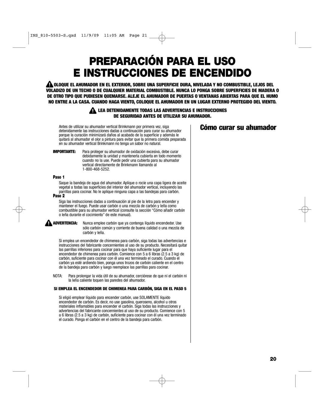 Brinkmann 810-5503-S owner manual Preparación Para EL USO Instrucciones DE Encendido, Cómo curar su ahumador 