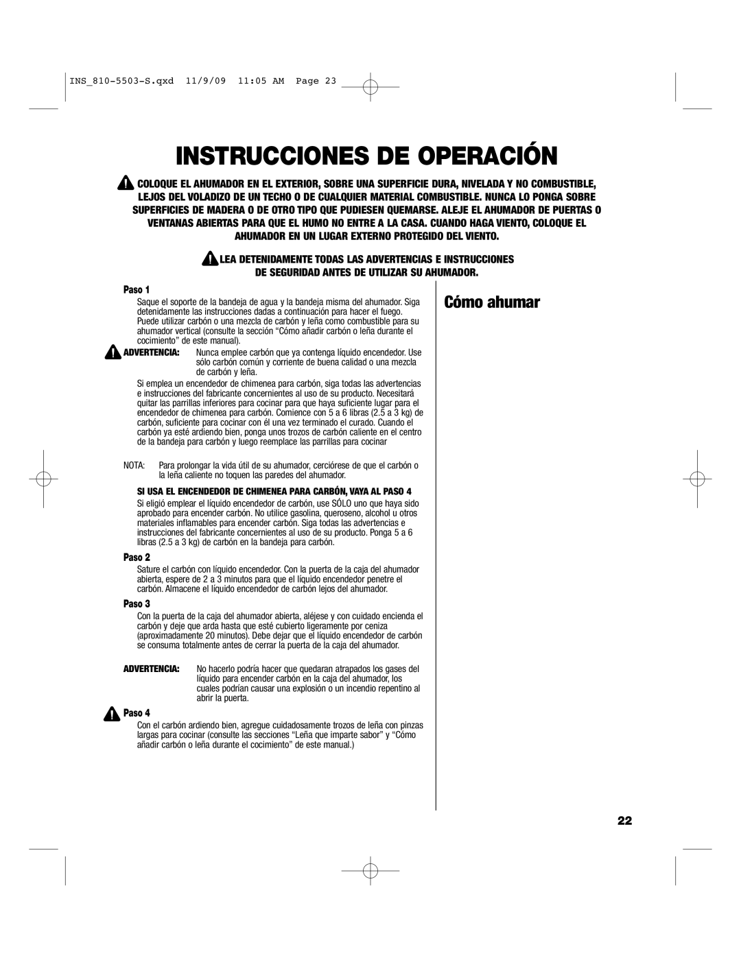 Brinkmann 810-5503-S owner manual Instrucciones DE Operación, Cómo ahumar 