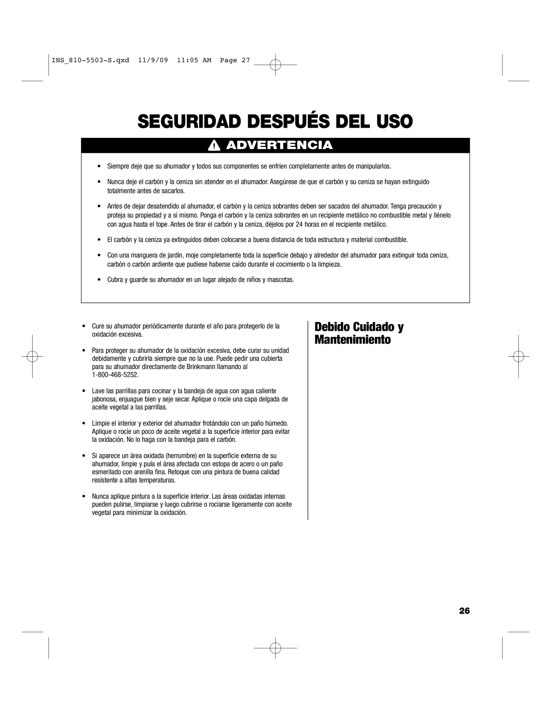 Brinkmann 810-5503-S owner manual Seguridad Después DEL USO, Debido Cuidado y Mantenimiento 