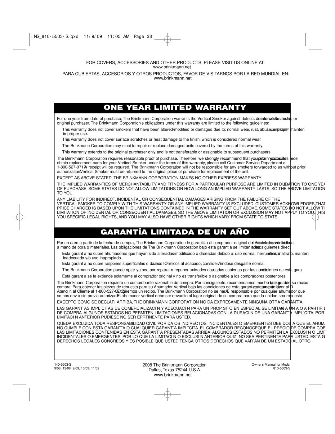 Brinkmann 810-5503-S owner manual ONE Year Limited Warranty 