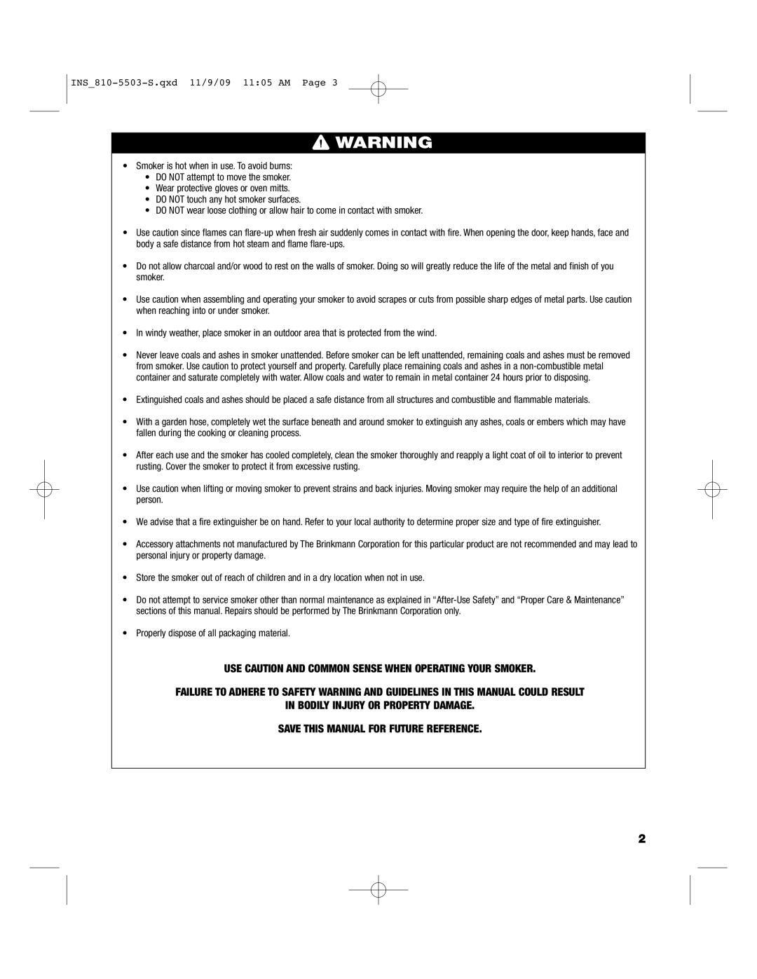 Brinkmann 810-5503-S owner manual Properly dispose of all packaging material 