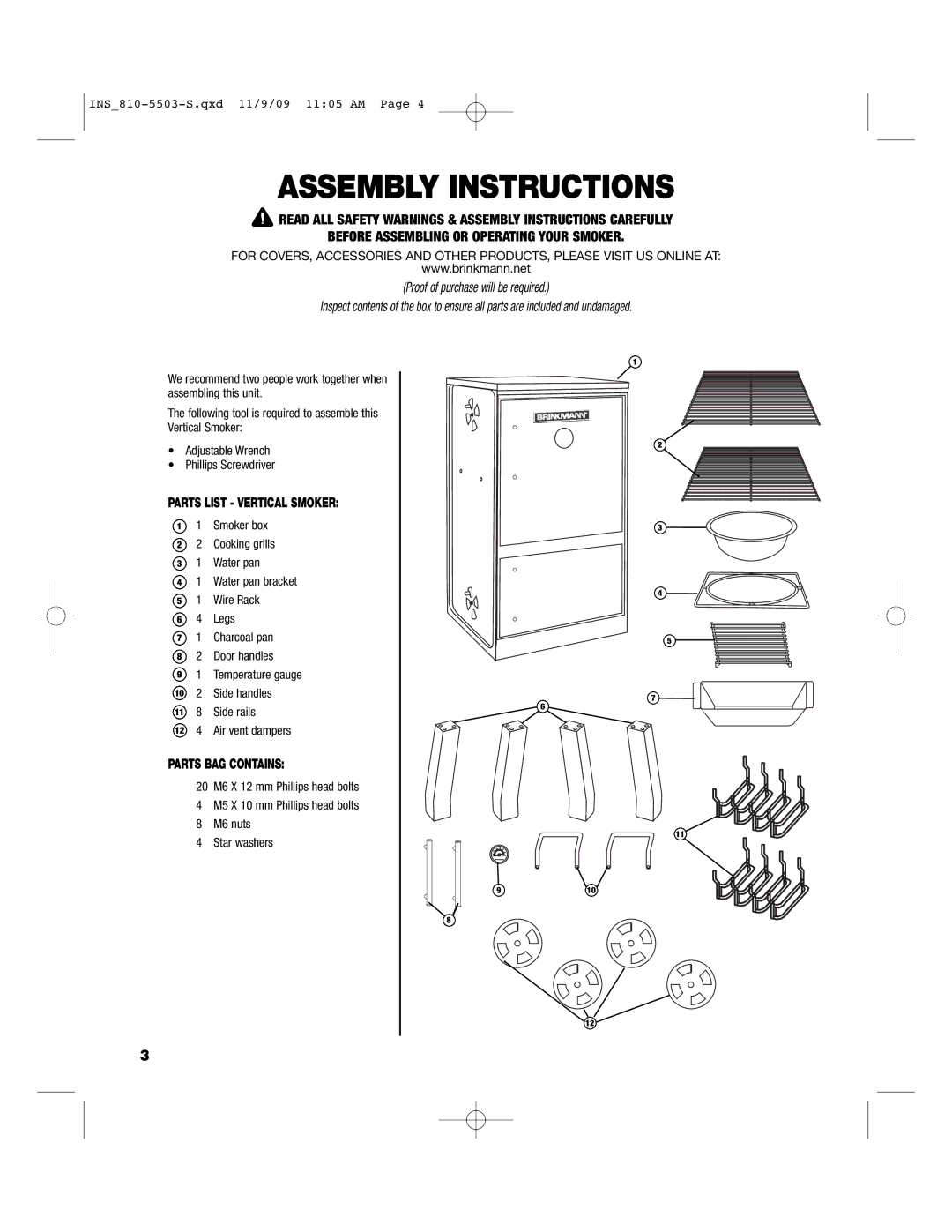 Brinkmann 810-5503-S owner manual Assembly Instructions, Parts List Vertical Smoker 