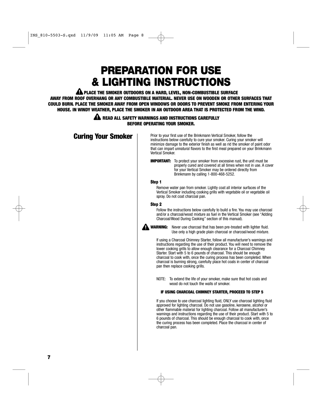 Brinkmann 810-5503-S owner manual Preparation for USE Lighting Instructions, Curing Your Smoker 