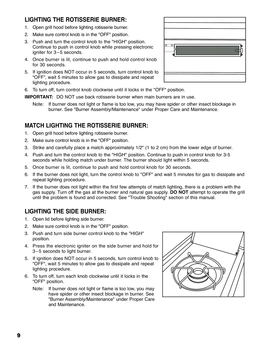 Brinkmann 810-6830-0 owner manual Match Lighting the Rotisserie Burner, Lighting the Side Burner 