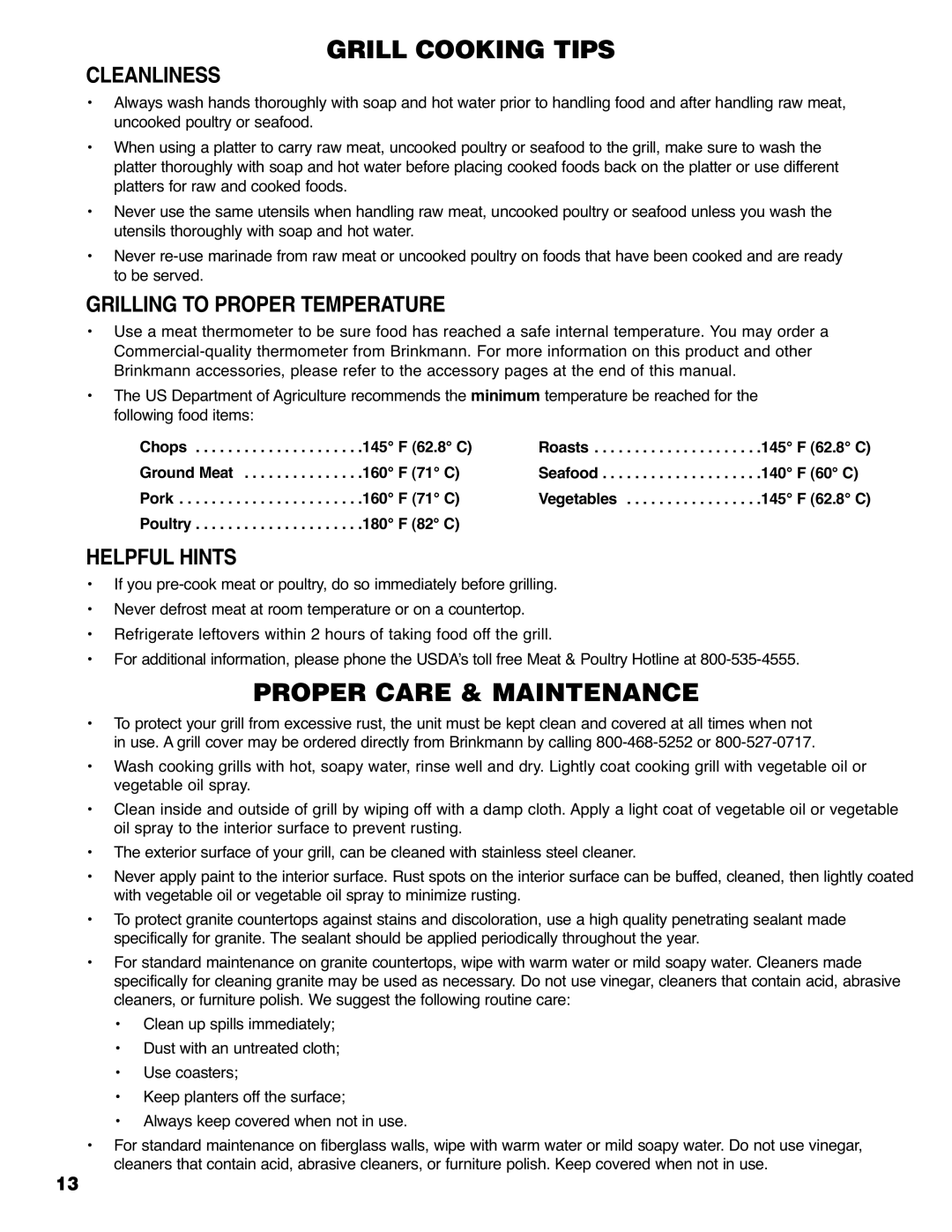 Brinkmann 810-6830-0 owner manual Cleanliness, Grilling to Proper Temperature, Helpful Hints 