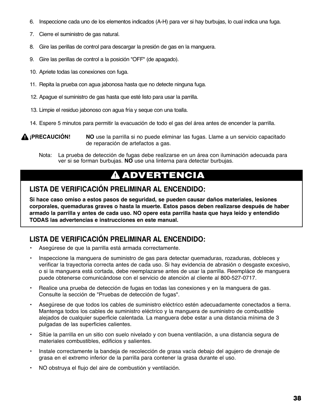 Brinkmann 810-6830-0 owner manual Lista DE Verificación Preliminar AL Encendido 