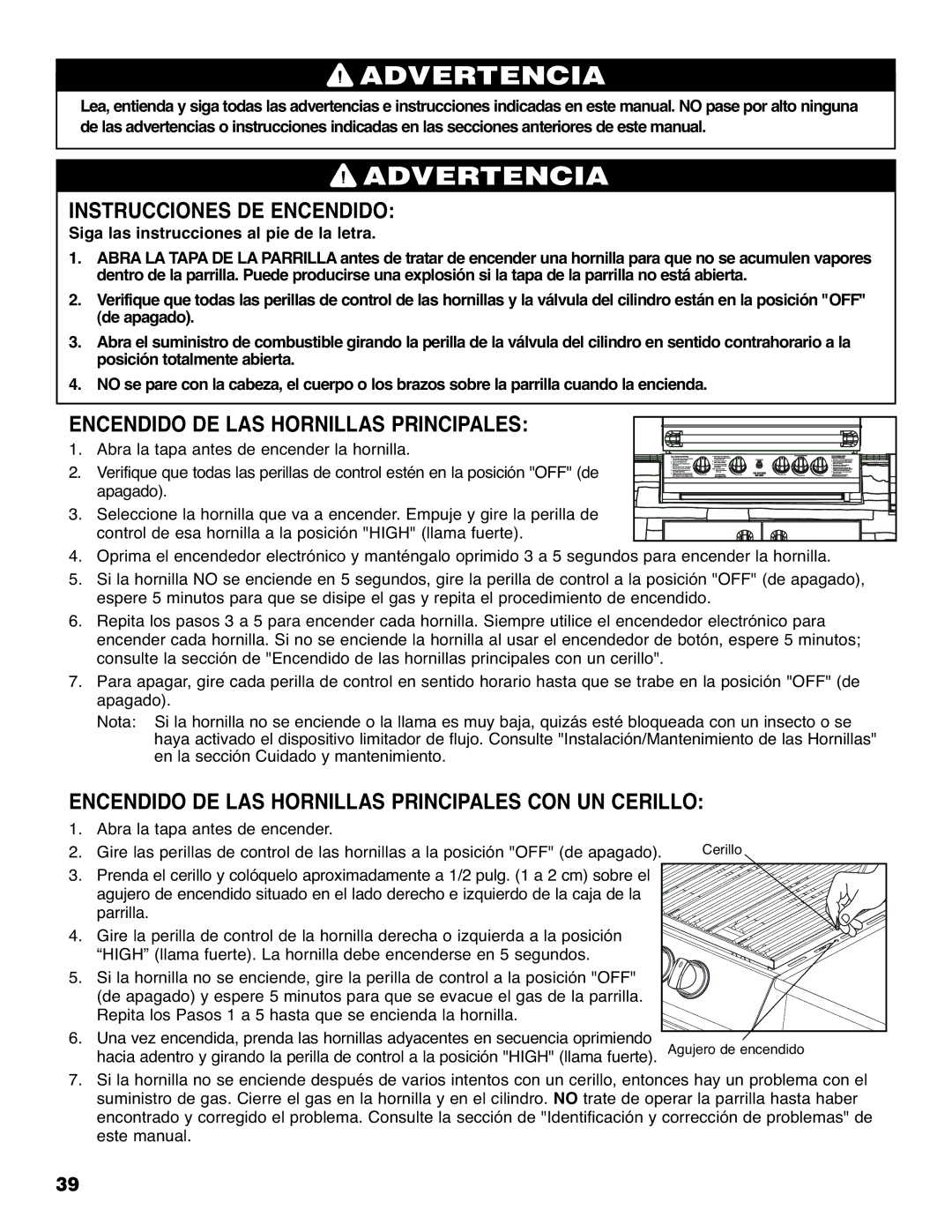 Brinkmann 810-6830-0 owner manual Instrucciones DE Encendido, Encendido DE LAS Hornillas Principales 