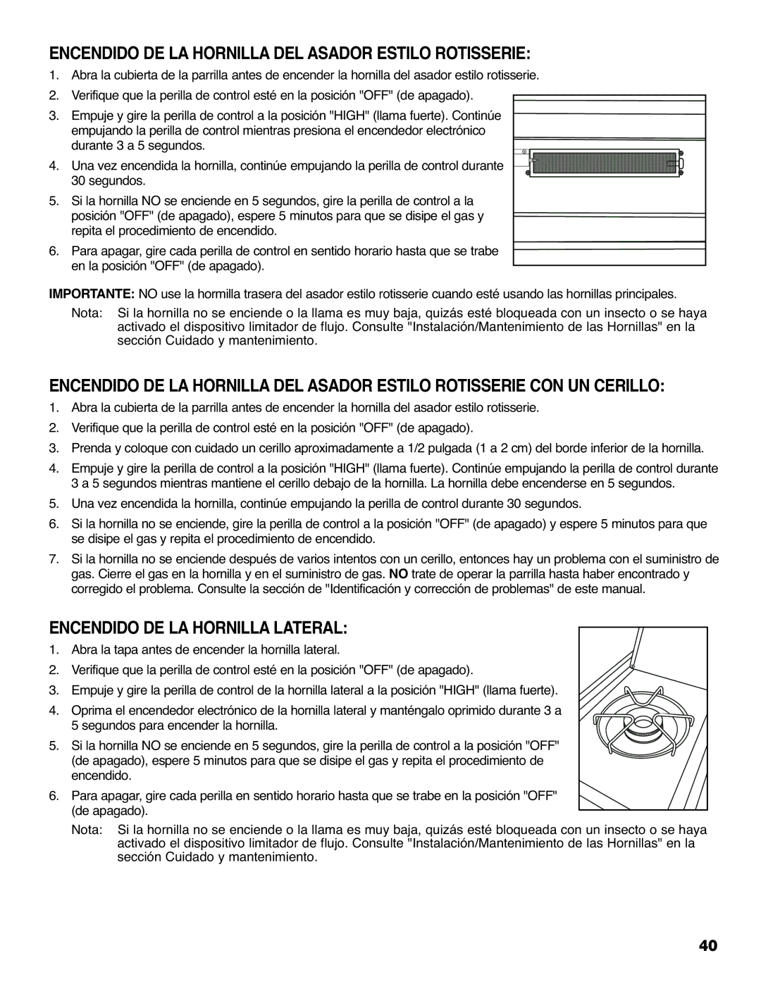 Brinkmann 810-6830-0 owner manual Encendido DE LA Hornilla DEL Asador Estilo Rotisserie, Encendido DE LA Hornilla Lateral 