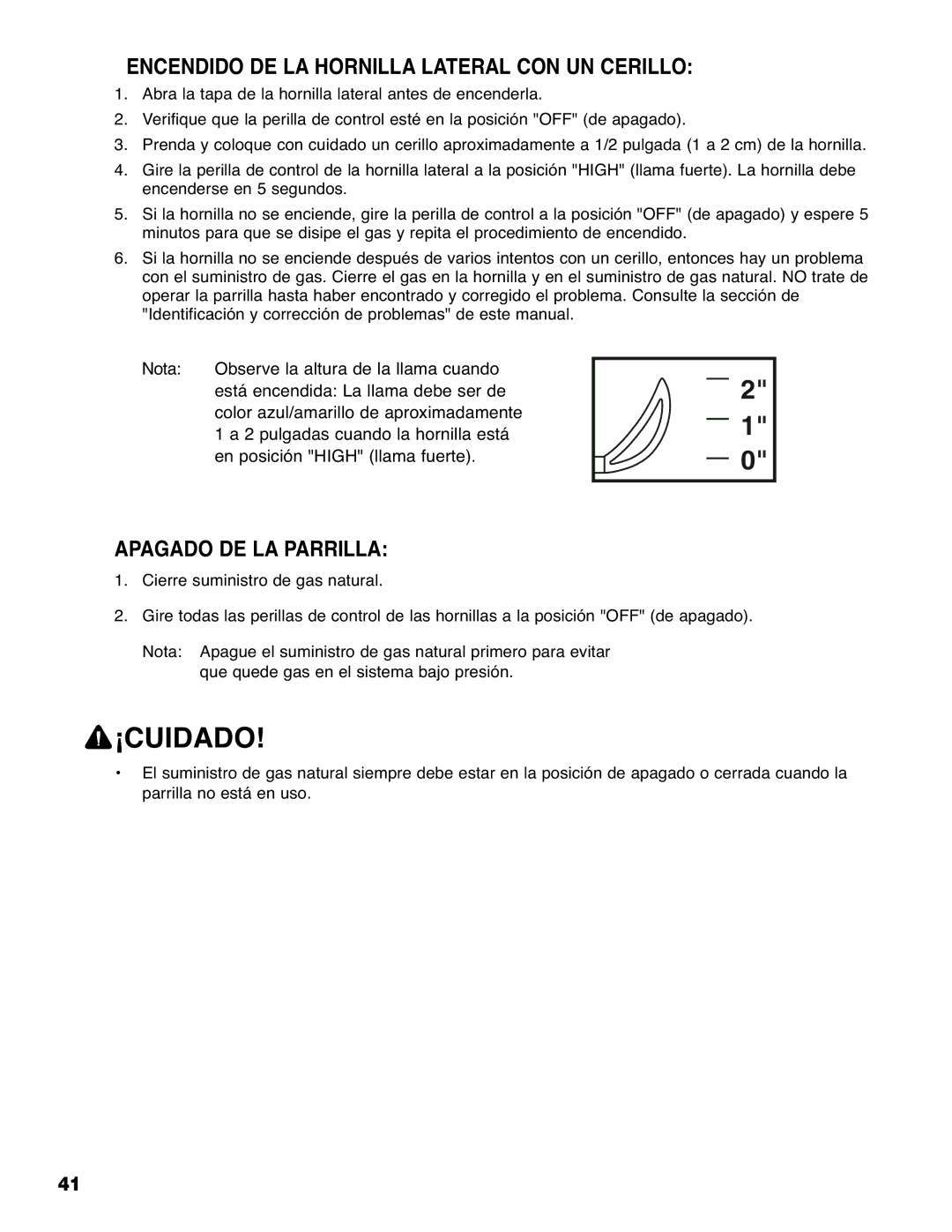 Brinkmann 810-6830-0 owner manual Encendido DE LA Hornilla Lateral CON UN Cerillo, Apagado DE LA Parrilla 