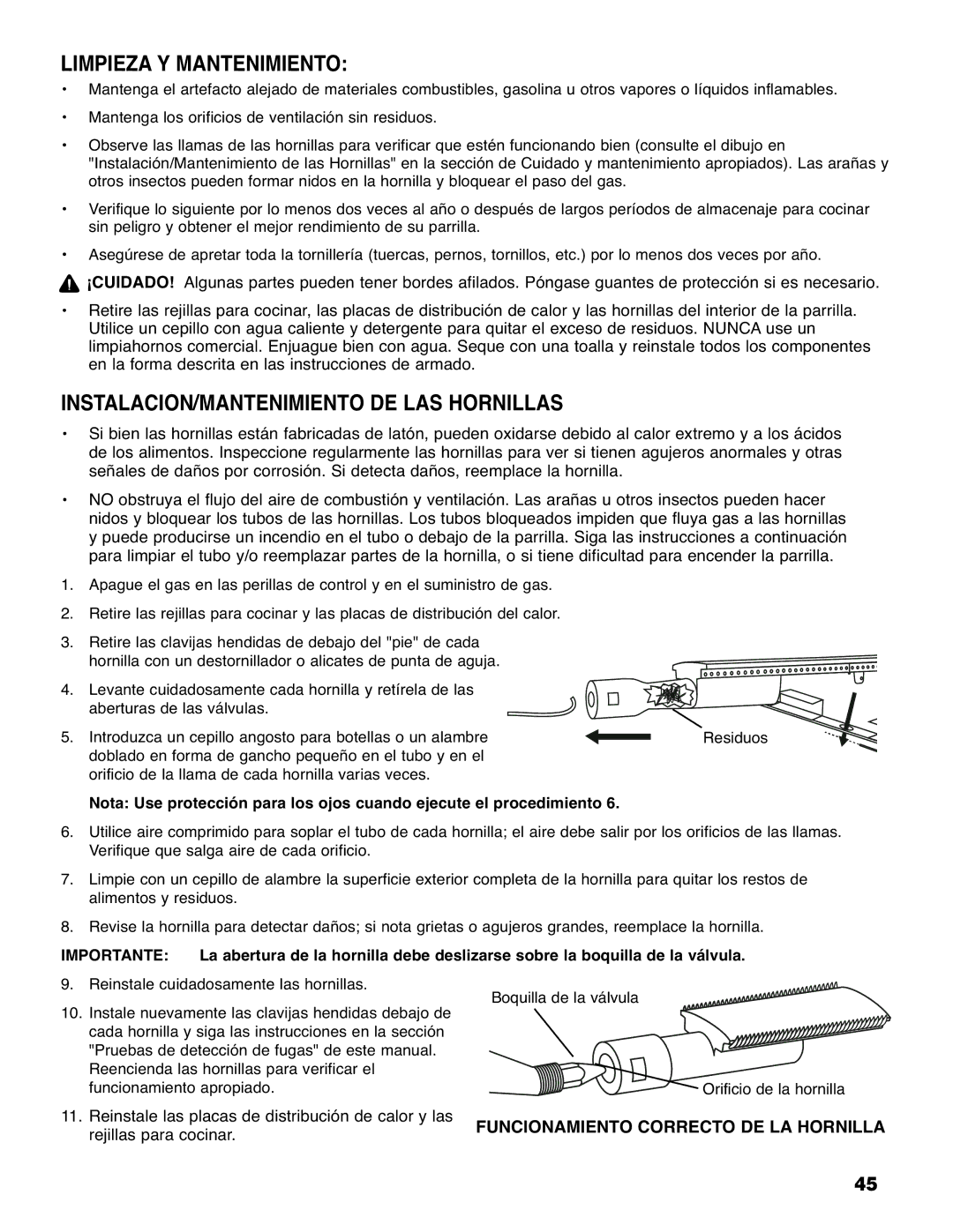 Brinkmann 810-6830-0 owner manual Limpieza Y Mantenimiento, INSTALACIÓN/MANTENIMIENTO DE LAS Hornillas 