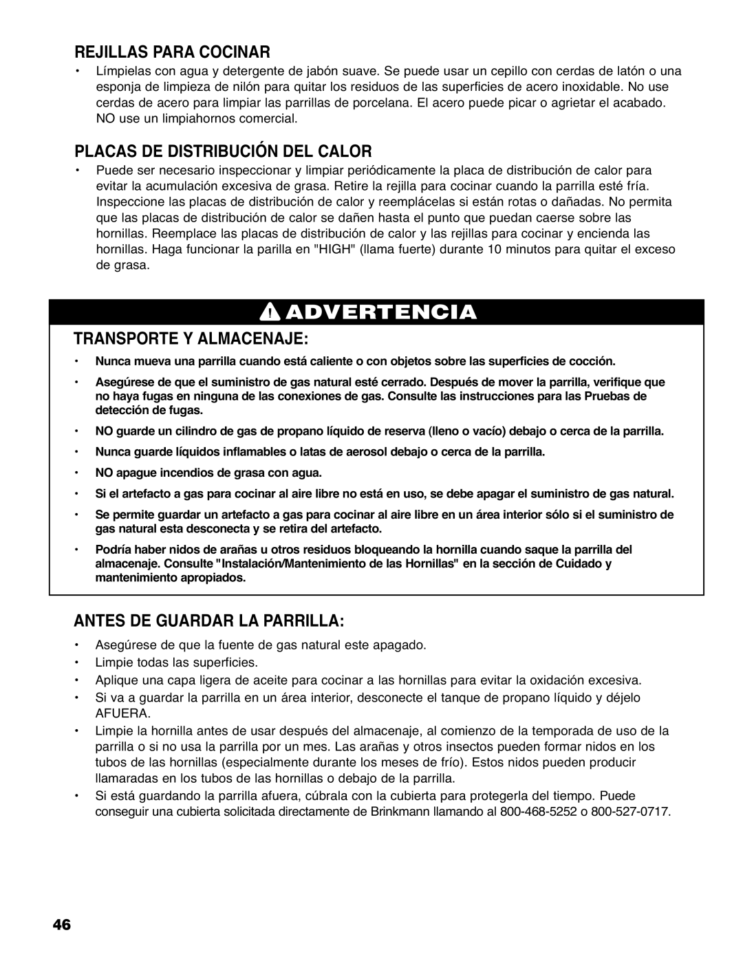 Brinkmann 810-6830-0 owner manual Rejillas Para Cocinar, Placas DE Distribución DEL Calor, Transporte Y Almacenaje 